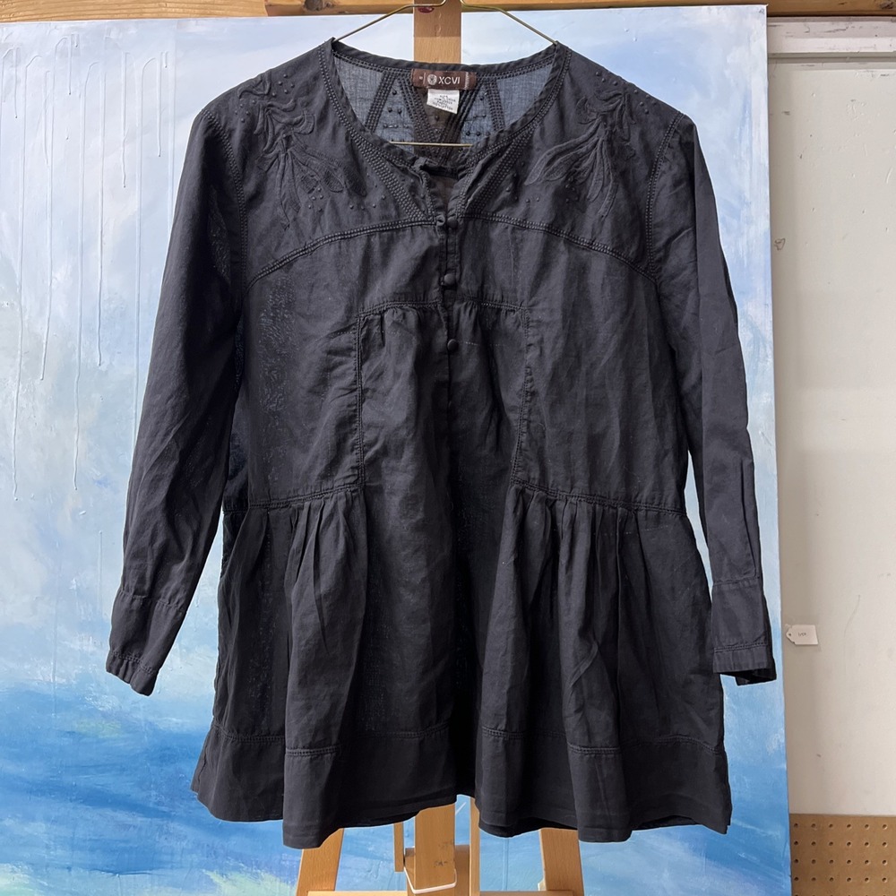 XCVI Black Cotton Embroidered Peasant Shirt Boho Small